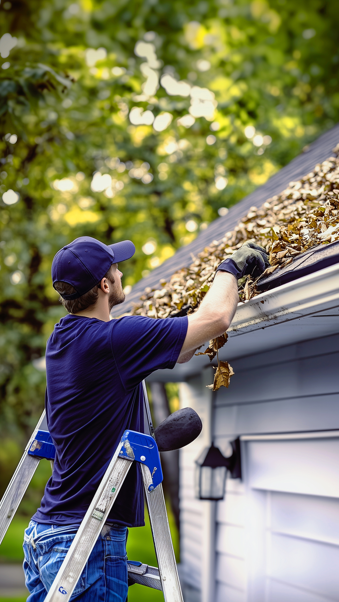 A person on a ladder cleaning leaves from the edge of a roof, surrounded by trees and a residential house.